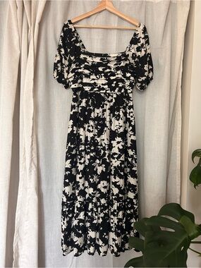 Black and White Floral Midi Dress with Square Neck